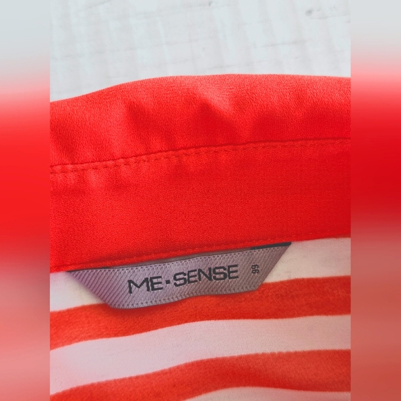 Me Sense Bright Orange & White Striped Collar Sheer Chiffon Button Up Blouse Top - Picture 9 of 11